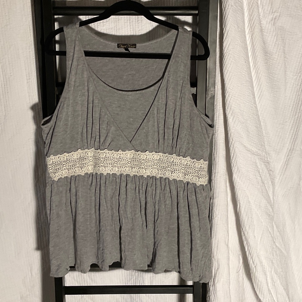 Gray Tank Top with Cream Lace Detail